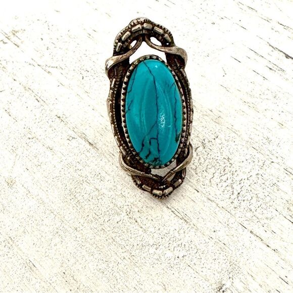 Turquoise tone silver tone adjustable ring - Picture 9 of 11